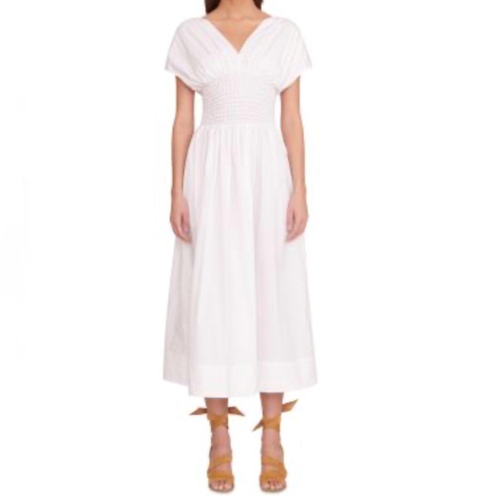 Staud Jackson White Maxi Dress Size XL Pockets Smocked 100% Cotton Pleats Preppy